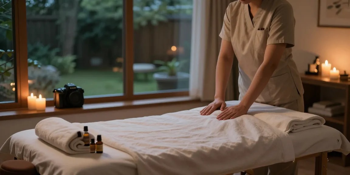 광명출장마사지 in a tranquil home setting with a professional therapist and aromatic ambiance.