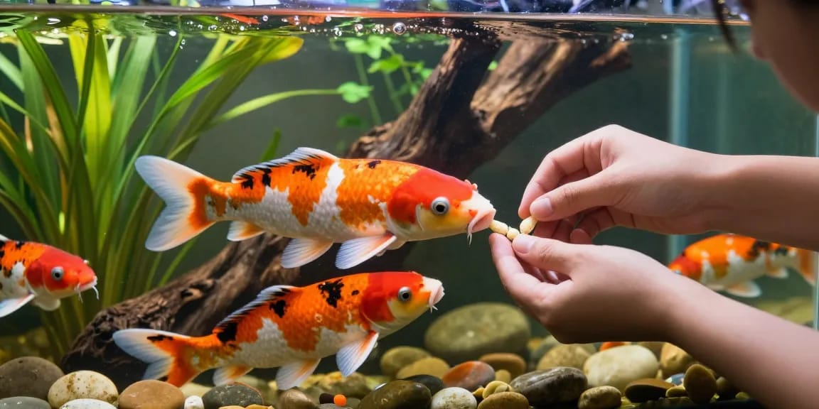 Koi Aminos peptides enhancing the vibrant health of koi fish in a beautifully decorated aquarium.