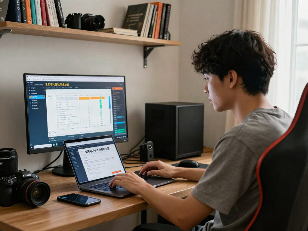 Researching 토토사이트 검증 먹튀스팟 in a cozy home office, focusing on online gambling safety.