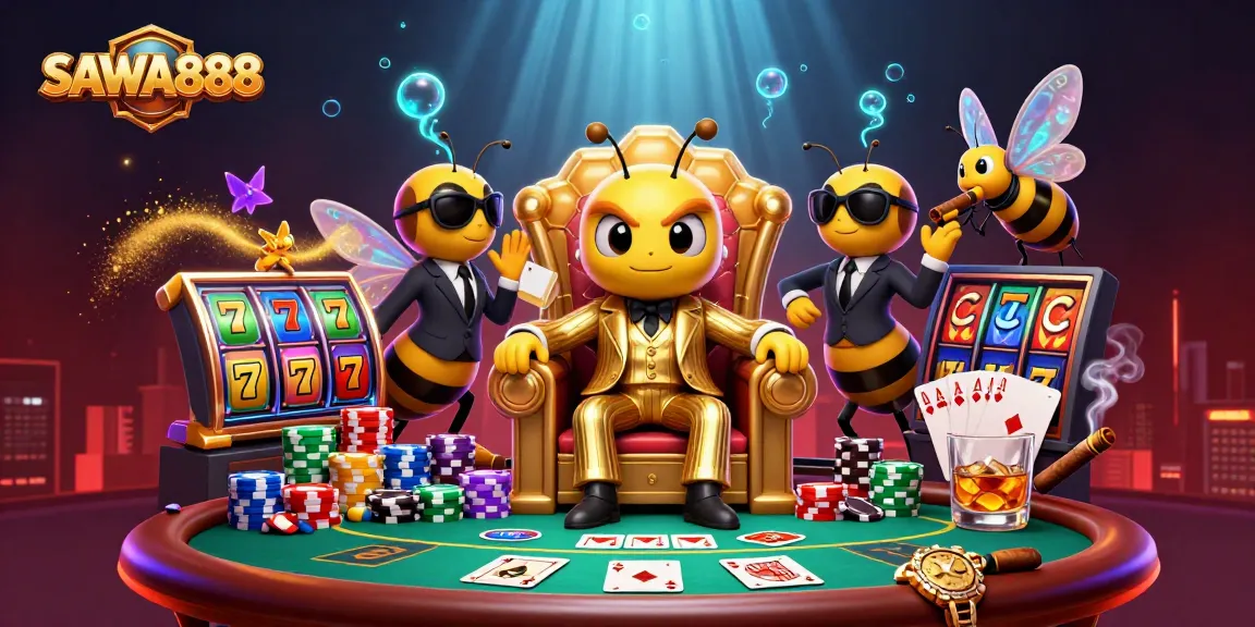Experience the vibrant SAWA888 online casino with a cartoon mob boss and jackpot excitement.