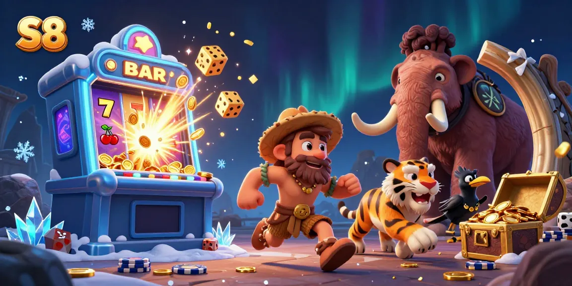 Experience an exciting S8 casino adventure with a caveman and tiger duo amidst rich gaming elements.