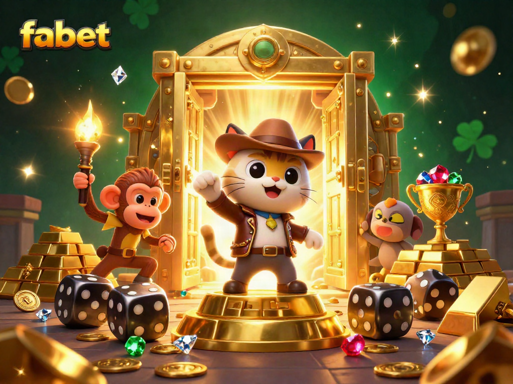 Experience fabet excitement with a cartoon explorer cat discovering treasures in a dynamic casino setting.