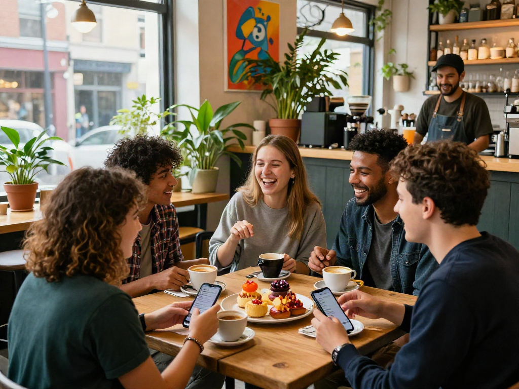 Friends enjoying spicy chat over coffee in a vibrant café atmosphere.