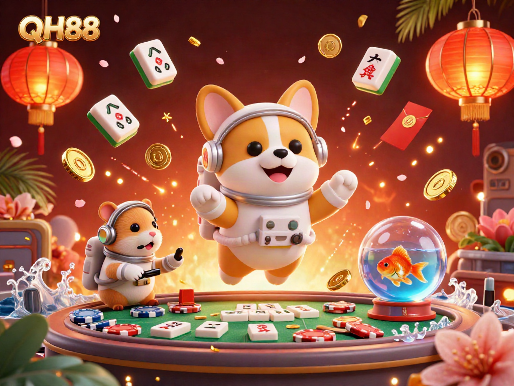 Immerse yourself in QH88's exciting casino scene with a space theme featuring an astronaut corgi and floating gaming elements.