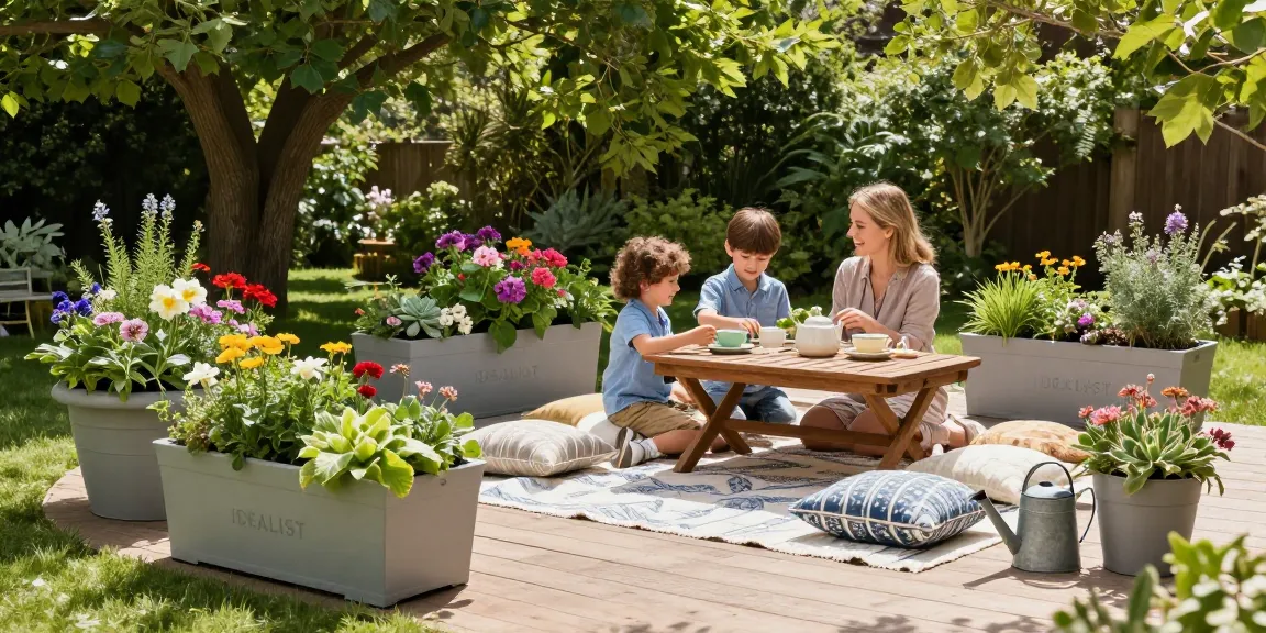 Beautiful outdoor garden with IDEALIST planters full of flowers, ideal for family gatherings.