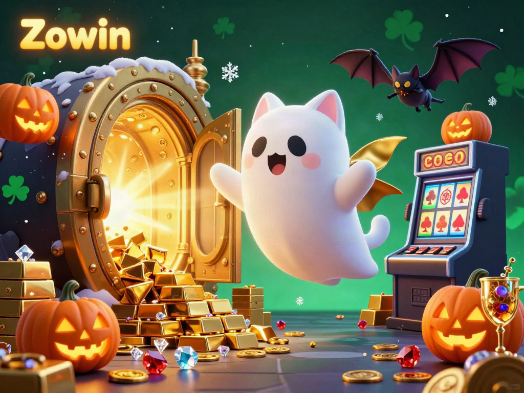 Zowin ghost cat wins in a vibrant casino scene filled with treasures and Halloween charm.