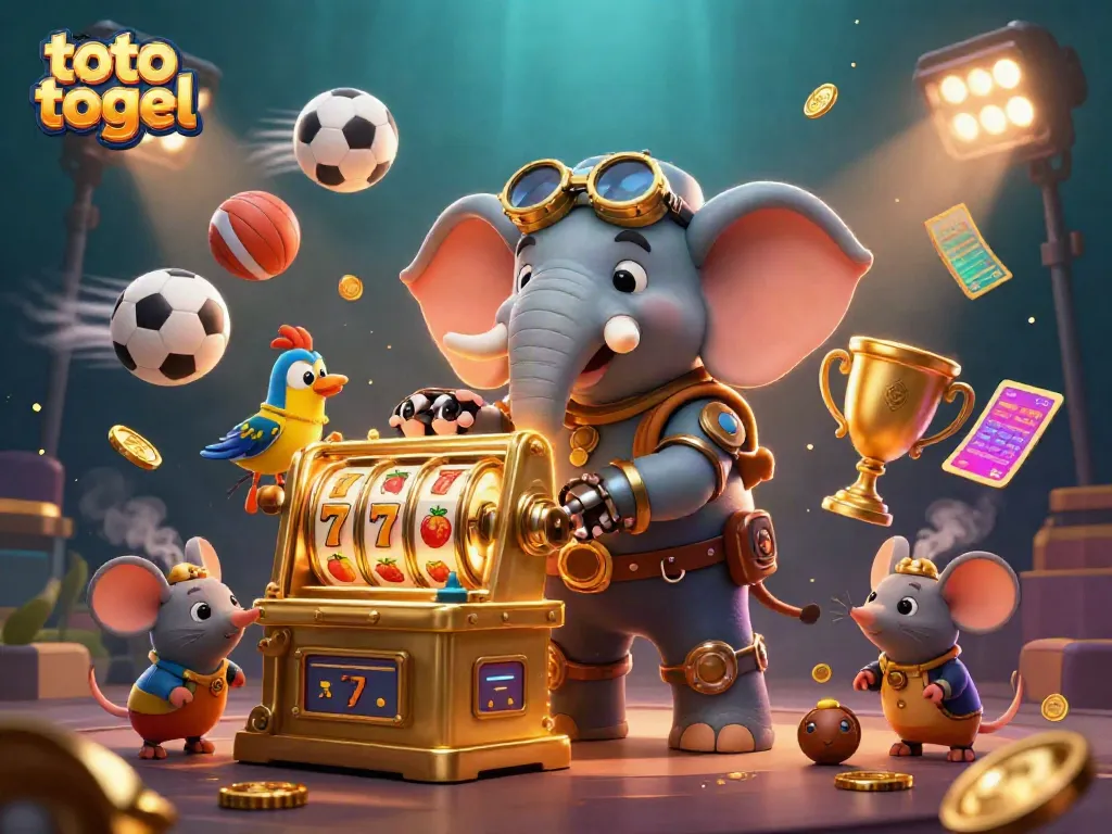 Experience thrilling toto togel gameplay with a dynamic steampunk elephant engineer at a vibrant slot machine.