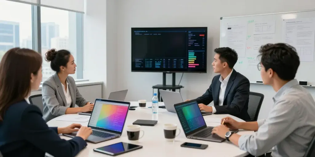 Collaborative team meeting in an office discussing strategies—view it now for insights.