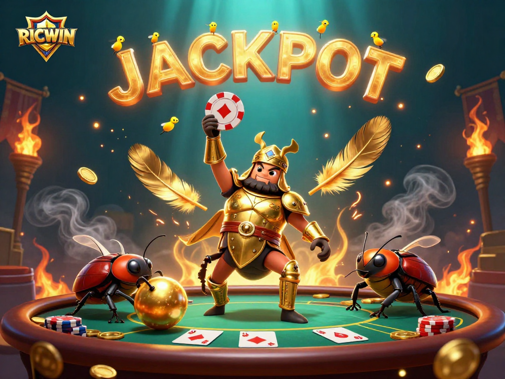 RICWIN poker victory scene with a heroic beetle and vibrant casino elements