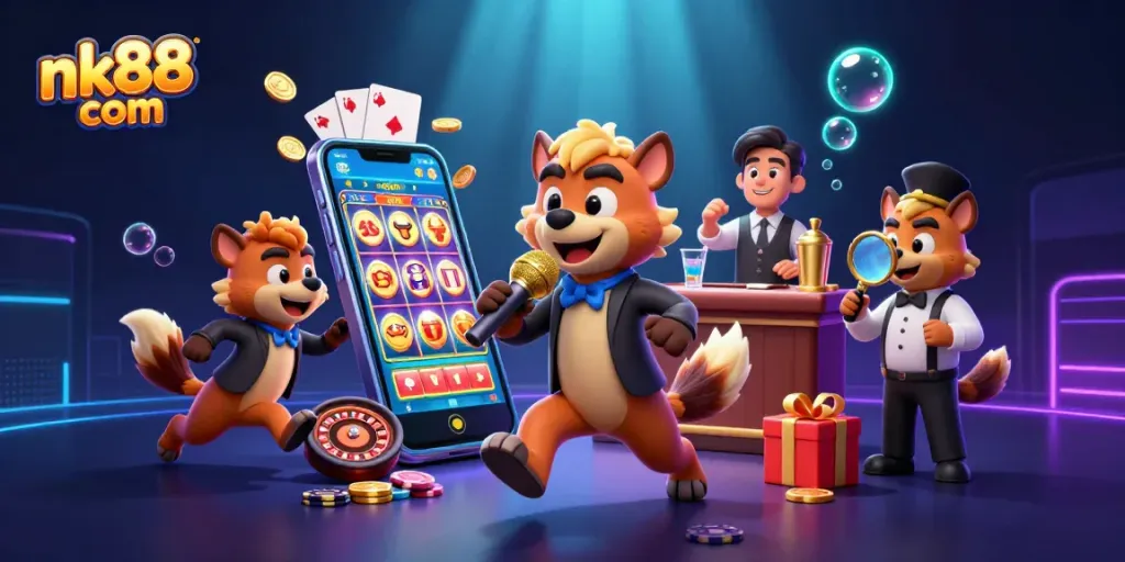 Engage with thrilling casino action in nk88 com's vibrant illustration, showcasing lively characters and games.