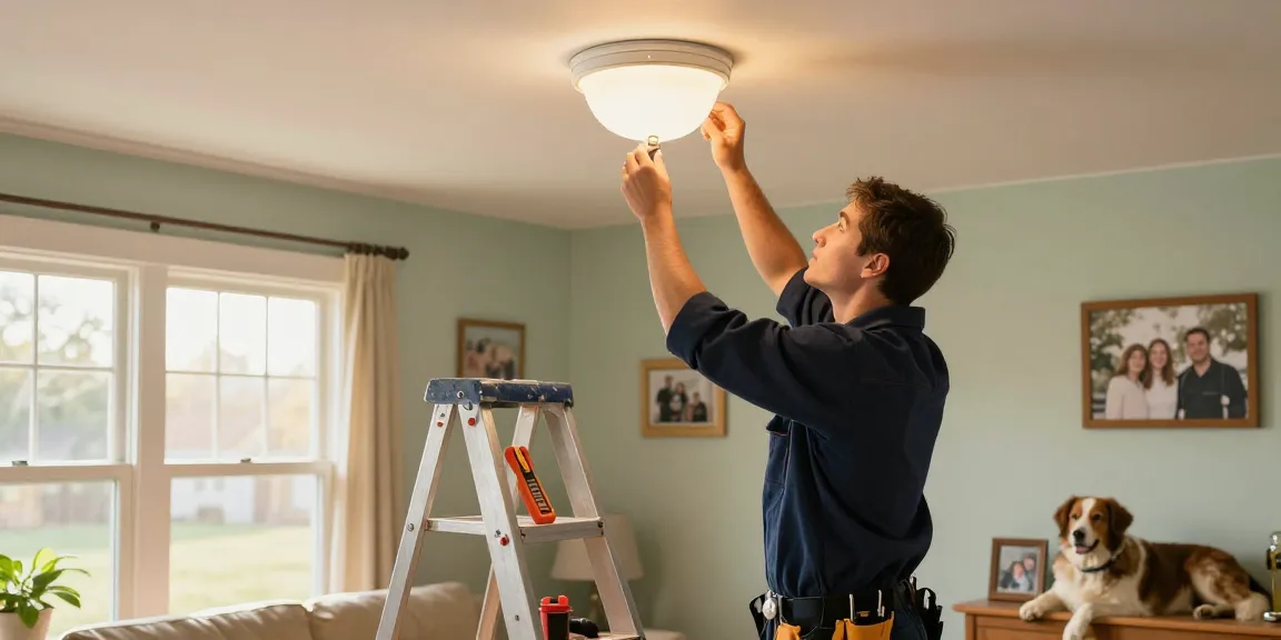 Electrician Stevens Point WI installing ceiling lights in a warm home environment.