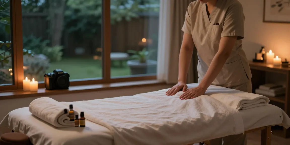 광명출장마사지 in a tranquil home setting with a professional therapist and aromatic ambiance.