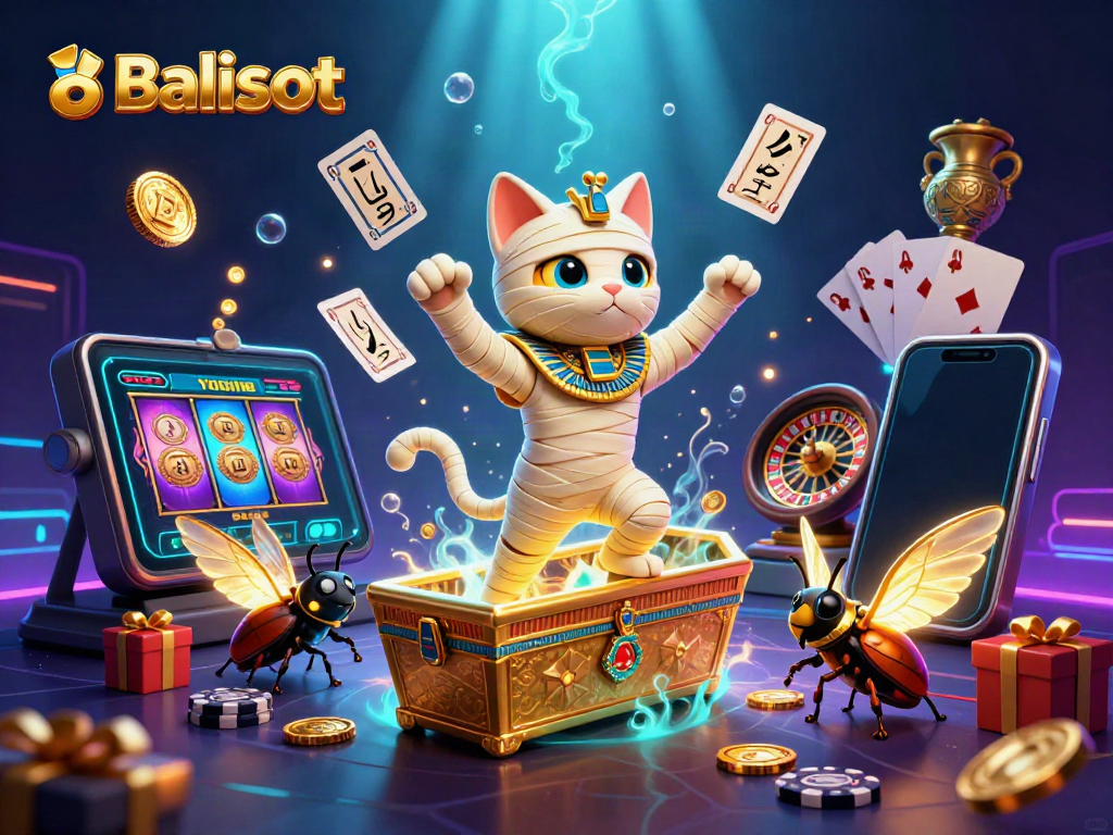 Balislot offers thrilling experiences with a cat-mummy bursting from a casino sarcophagus, surrounded by casino symbols.