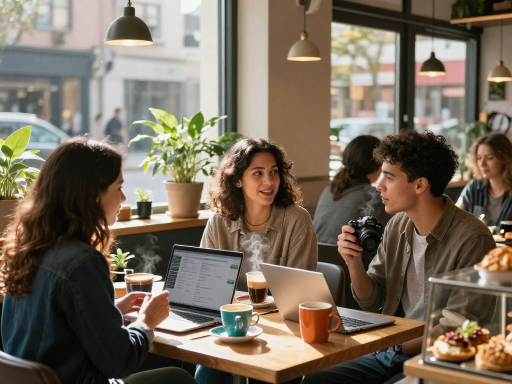 Spicy chat in a lively café with friends sharing coffee and laughter.