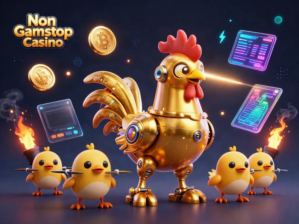 Engage with the dynamic Non Gamstop Casino scene featuring a futuristic golden rooster and crypto elements.