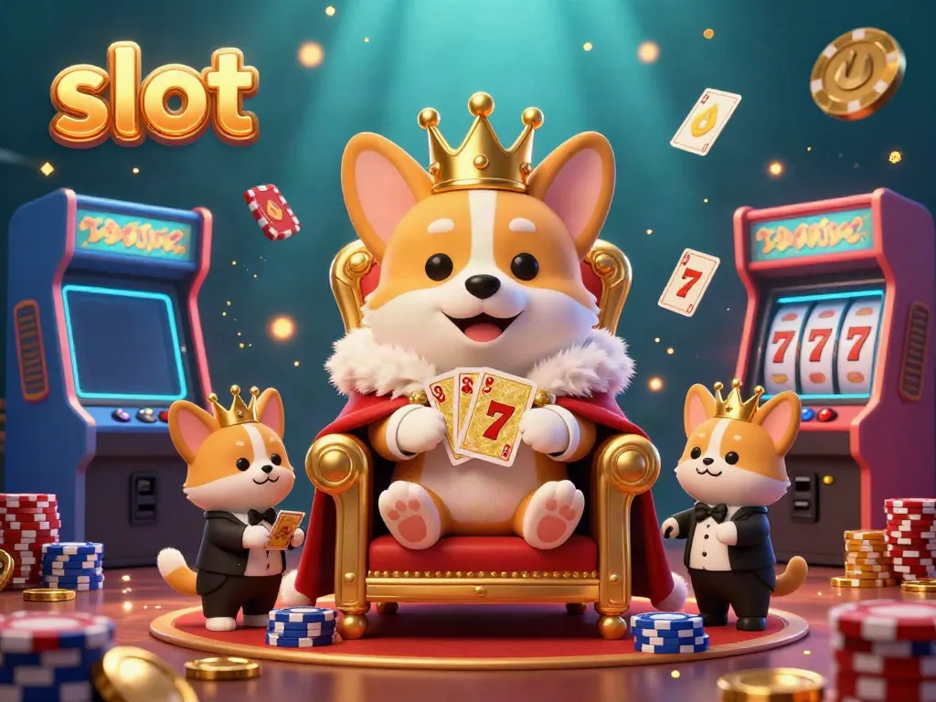 Experience slot gaming excitement with a corgi king in a vibrant casino scene filled with game machines and coins.