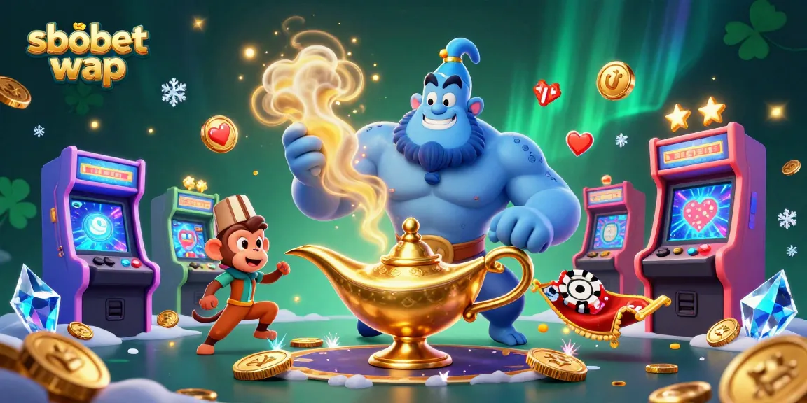 Experience sbobet wap in a vibrant 3D scene featuring a genie, monkey, and poker chips.