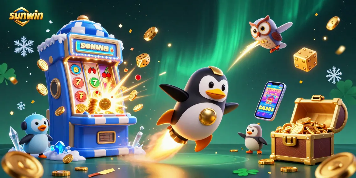 Engage with thrilling sunwin casino adventures featuring a penguin soaring through a jackpot scene.