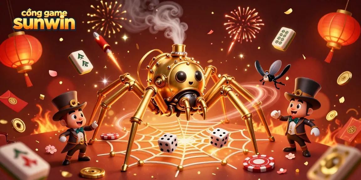 Experience cổng game sunwin with a playful steampunk scene of a spider and gentleman amidst lively casino elements.