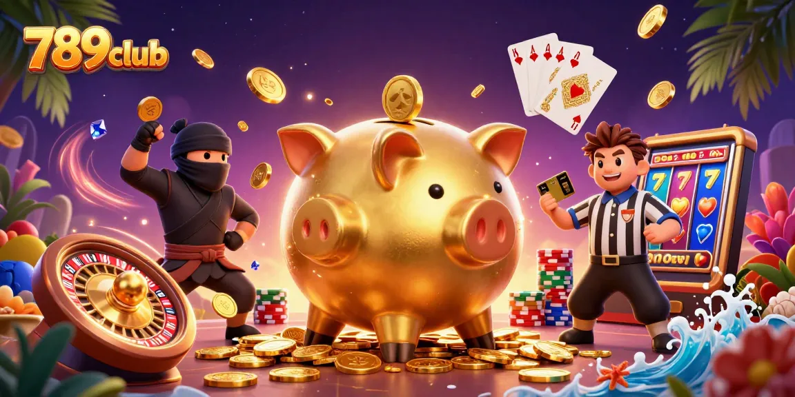 Join 789club's thrilling casino adventure with a golden piggy bank sumo wrestler amidst coins and cards.