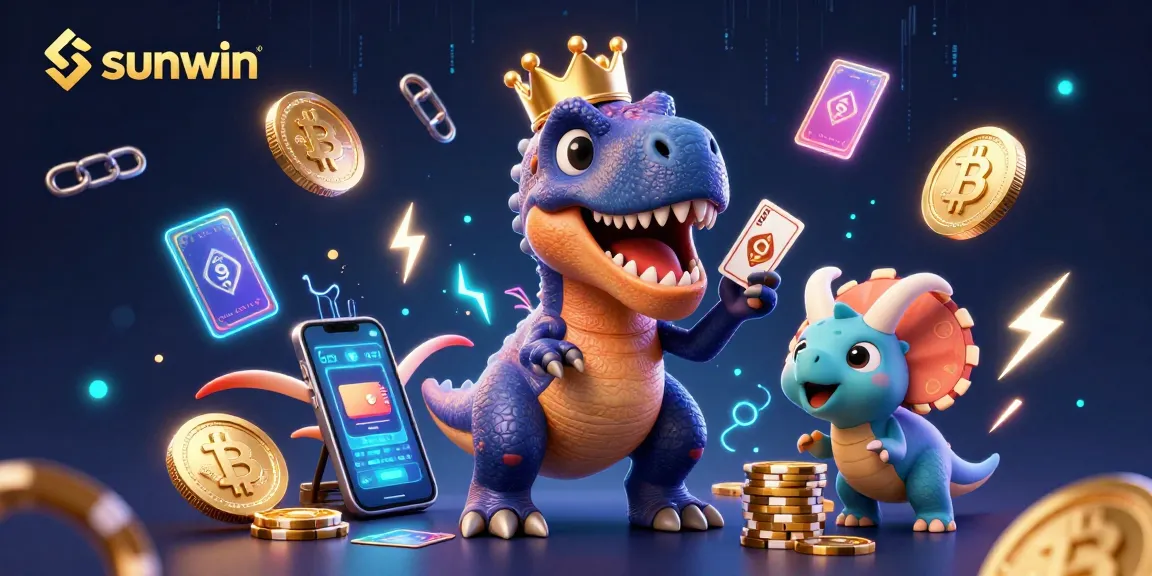 Experience sunwin's vibrant gaming with a T-Rex shuffling cards and a pterodactyl assisting in a lively scene.