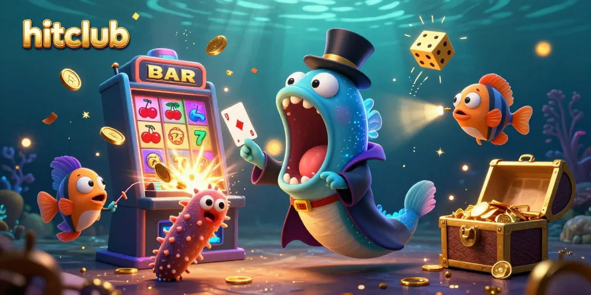 Hitclub gamblers celebrate with an underwater magic show featuring vibrant casino games, eels, and jackpots.