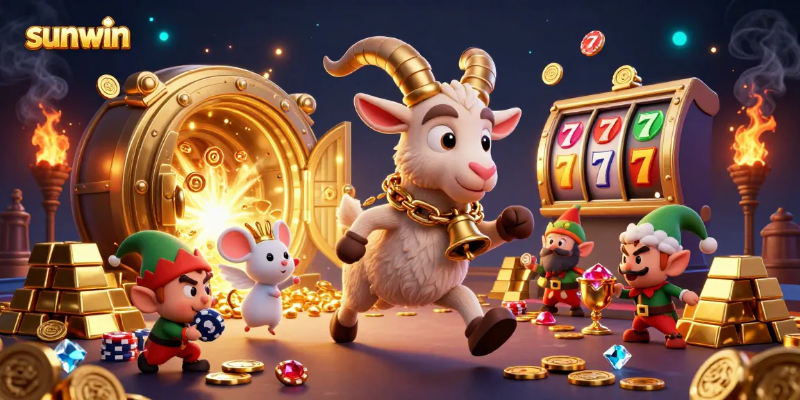 Experience exciting gaming action at sunwin with Krampus and lively characters in a festive casino scene.
