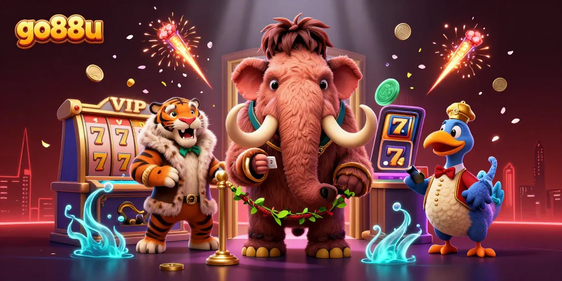 Experience the excitement of go88u with a vibrant 3D scene featuring a woolly mammoth bouncer and a saber-tooth tiger guest.